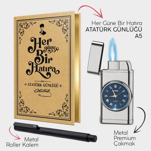 Atatürk Günlüğü A5 - Silver Saatli Çakmak - Metal Roller Kalem