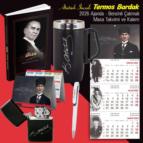 Atatürk İmzalı 2026 Ajanda - Termos Bardak - Duvar Takvimi - Masa Ta