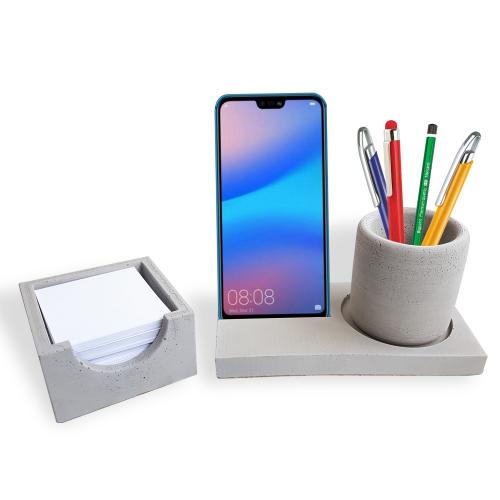 Beton Ofis Seti - Telefon Tutucu, Kalem Kutu, Bloknotluk