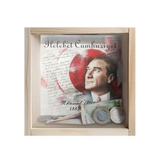 Camlı Ahşap Kumbara Atatürk İlelebet Cumhuriyet - Ham Ahşap - Halkkita