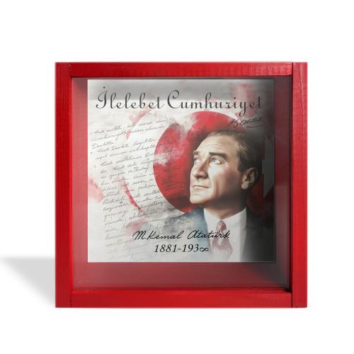 Camlı Ahşap Kumbara Atatürk İlelebet Cumhuriyet - Kırmızı