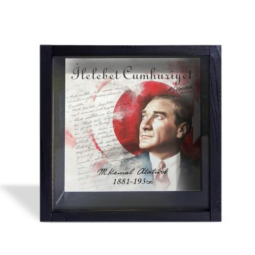 Camlı Ahşap Kumbara Atatürk İlelebet Cumhuriyet - Siyah