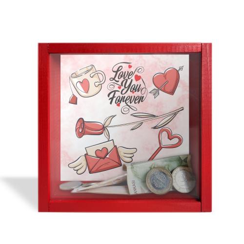 Camlı Ahşap Kumbara ı love Forever Sevgililer Günü Objeleri "Kırmızı"