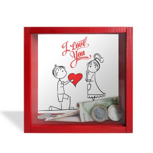 Camlı Ahşap Kumbara I Love You "Kırmızı"