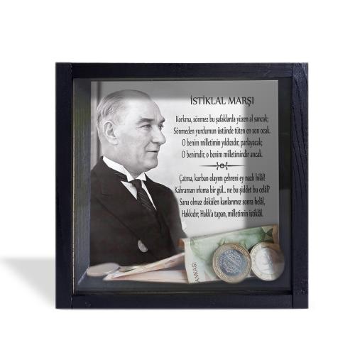 Camlı Ahşap Kumbara İstiklal Marşı "Siyah" - Halkkitabevi