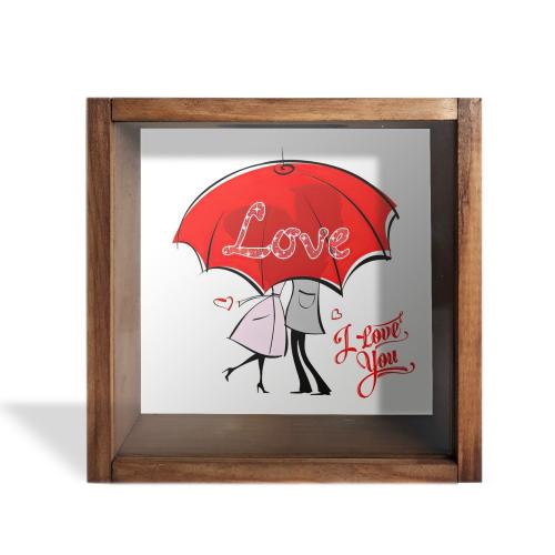 Camlı Ahşap Kumbara Kırmızı Şemsiyeli Love - Halkkitabevi