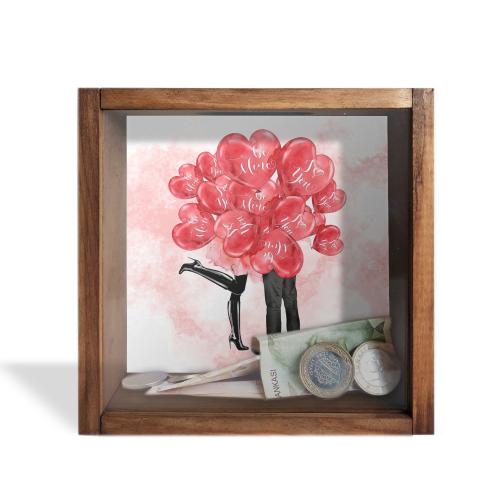 Camlı Ahşap Kumbara Love