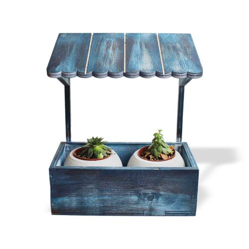 Çatılı Dekoratif 2'li Beton Saksı Standı, Mavi Eskitme Desenli - Halkk