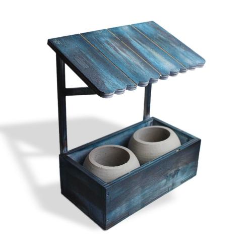 Çatılı Dekoratif 2'li Beton Saksı Standı, Mavi Eskitme Desenli - Halkk