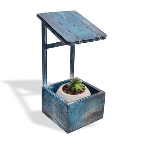 Çatılı Dekoratif Beton Saksı Standı, Mavi Eskitme Desenli