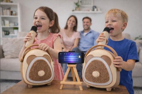 Çocuklara Özel Retro Tasarımlı Bluetooth Karaoke Mikrofon ve Ahşap Tri