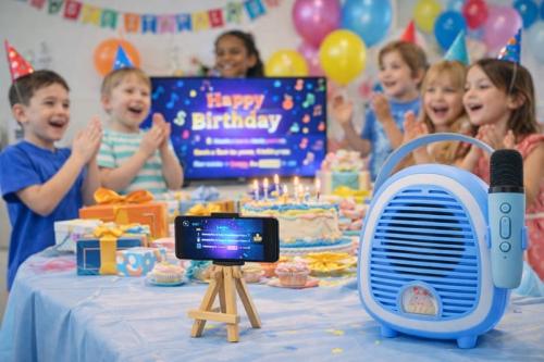 Çocuklara Özel Retro Tasarımlı Bluetooth Karaoke Mikrofon ve Ahşap Tri