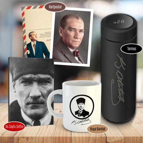 Dereceli Atatürk İmzalı Termos - 64 Sayfa Erzurum Atatürk Defter - Kartpostal ve Kalpaklı İmza Kupa Bardak