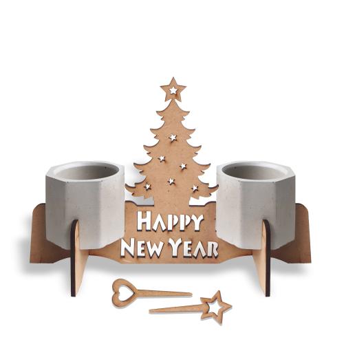 Beton Saksılı Çam Ağaçı Desenli Happy New Year Ahşap Stand - Halkkitab