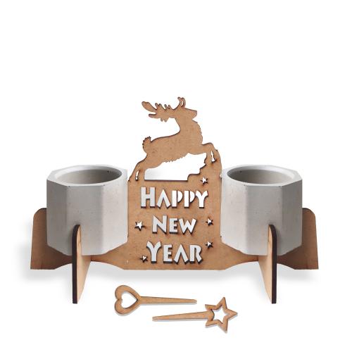 Beton Saksılı Geyik Desenli Happy New Year Ahşap Stand - Halkkitabevi