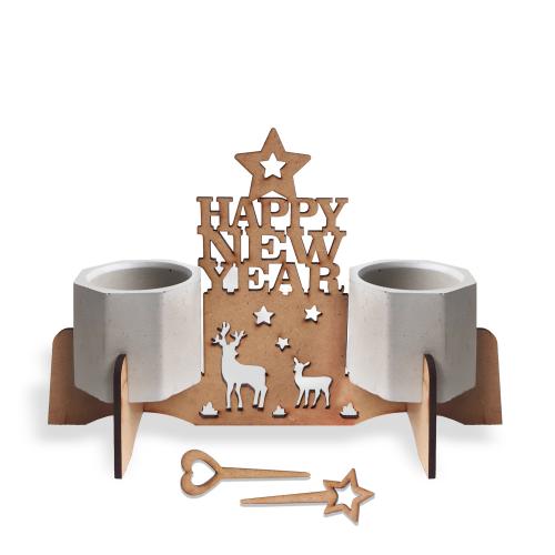 Beton Saksılı Yıldız ve Geyik Desenli Happy New Year Ahşap Stand - Hal