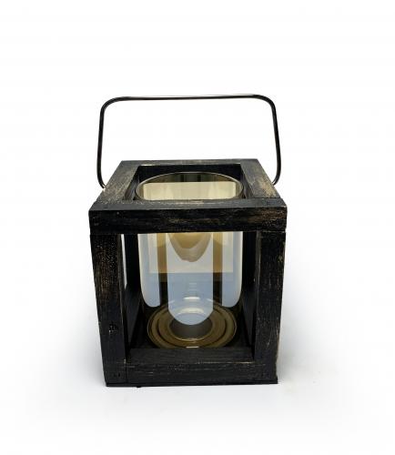 Küçük Ahşap Siyah Altın Varak Fener Mumluk