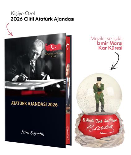 Kişiye Özel 2026 Atatürk Ciltli Ajanda ve Müzkli ve Işıklı İzmir Marşı Kar Küresi