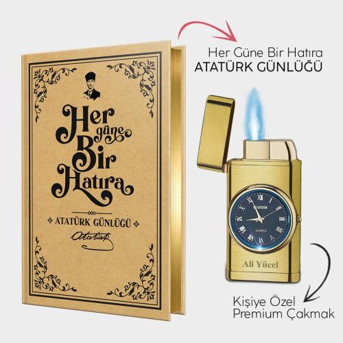 Kişiye Özel - Brushed Gold Saatli Çakmak ve Atatürk Günlüğü - Halkkita