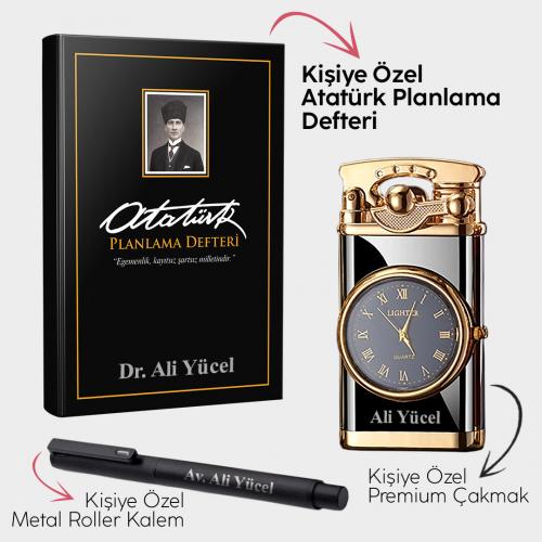 Kişiye Özel - Kalpaklı Siyah Planlama Defteri  - Retro Piano Black Saatli Çakmak - Metal Roller Kalem