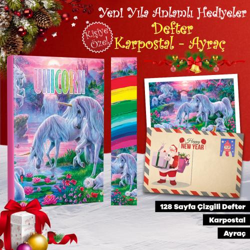 Kişiye Özel Kartpostallı Hediye Seti - 1 Unicorn 128 Sayfa Defter 1 
