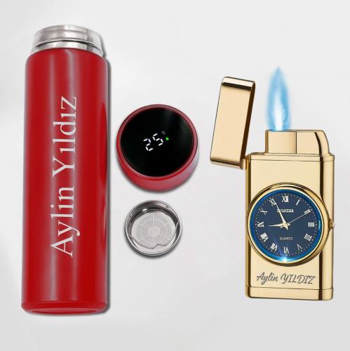 Kişiye Özel Kırmızı Dereceli Termos ve Gold Saatli Çakmak - Halkkit