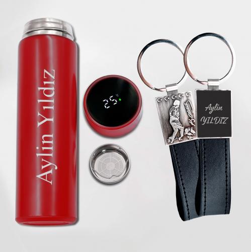 Kişiye Özel Kırmızı Dereceli Termos ve Kocatepe Deri Anahtarlık - Ha