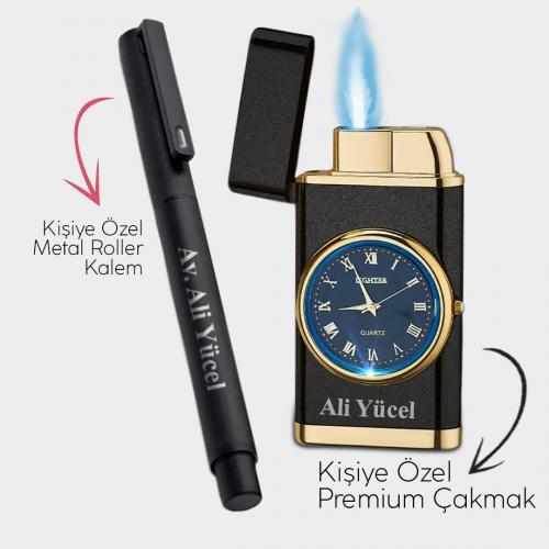 Kişiye Özel - Mat Siyah Saatli Çakmak - Metal Roller Kalem