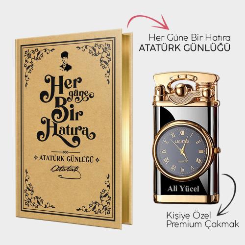 Kişiye Özel - Retro Piano Black Saatli Çakmak ve Atatürk Günlüğü - Hal