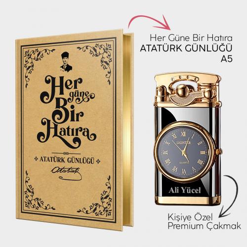 Kişiye Özel - Retro Piano Black Saatli Çakmak ve Atatürk Günlüğü A5