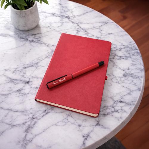 Kişiye Özel Soft Deri Defter ve Roller Rubber Kalem - Kırmızı 