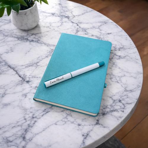 Kişiye Özel Soft Deri Defter ve Roller Rubber Kalem - Turkuaz 