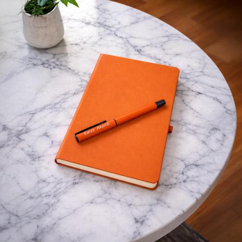 Kişiye Özel Soft Deri Defter ve Roller Rubber Kalem - Turuncu 