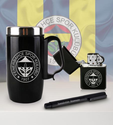 Kişiye Özel Taraftar Seti - Termos Kupa Bardak - Benzinli Çakmak - Met