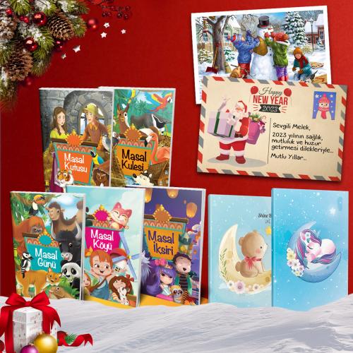 Kişiye Özel Kartpostallı -  Masal Kitapları Seti - 5 Kitap  2 Defter -1