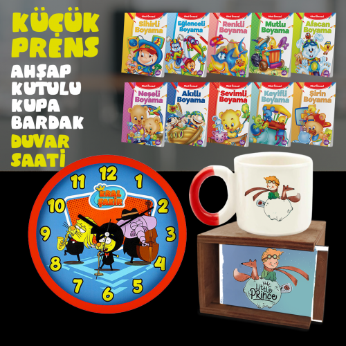 Küçük Prens Hediye Seti - Kutulu Fincan - Boyama Kitabı - Duvar Saati