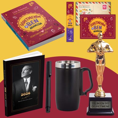 Öğretmenim ve Ben Aramızda - Oscar Heykeli - Kulplu Termos - İstikbal 2026 Atatürk Ajandası ve Roller Kalem