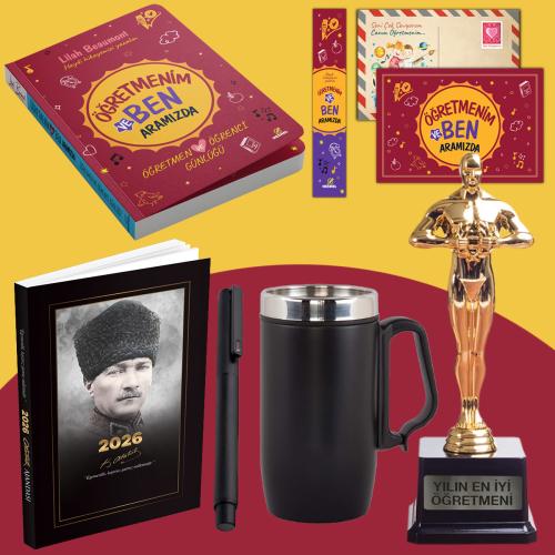 Öğretmenim ve Ben Aramızda - Oscar Heykeli - Kulplu Termos - Komutan 2026 Atatürk Ajandası ve Roller Kalem