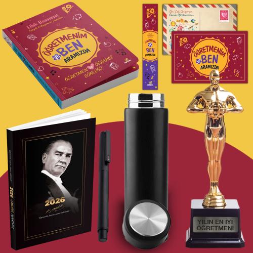 Öğretmenim ve Ben Aramızda - Oscar Heykeli - Termos - Gazi Paşa 2026 Atatürk Ajandası ve Roller Kalem