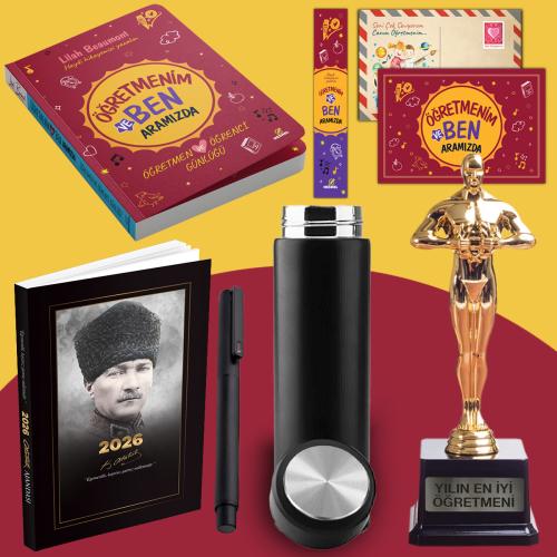 Öğretmenim ve Ben Aramızda - Oscar Heykeli - Termos - Komutan 2026 Atatürk Ajandası ve Roller Kalem