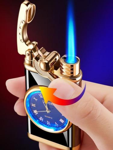 Premium Saatli Çakmak - Rüzgara Dayanıklı Jet Alevi - Gold - Halkkit