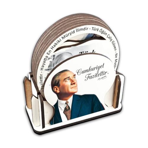 Renkli Uv Baskılı Ahşap Kutulu 6'lı Bardak Altı - Atatürk Resimli