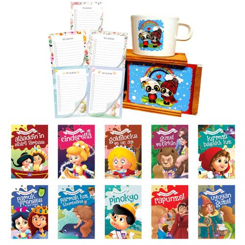 Resimli Dünya Masalları - Bloknot Seti ve Ahşap Kutulu Kupa Bardak