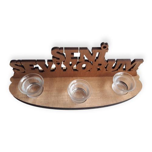 Seni Seviyorum Ahşap Stand, Oval Ayaklı 3'lü Cam T-Light'lı - Halkkita
