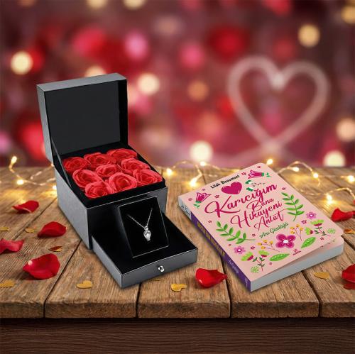 Sevgililer Gününe Özel İnci Kolye Çekmeceli Gül Kutusu ve Karıcığım Bana Hikayeni Anlat