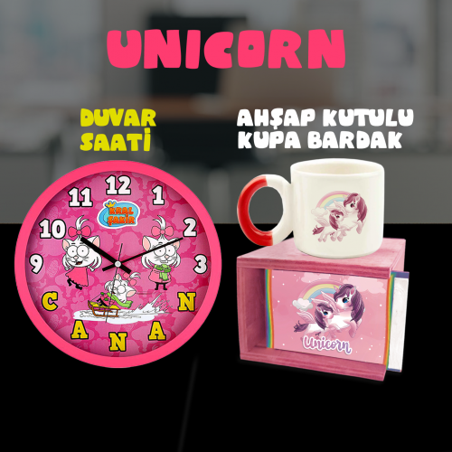 Unicorn Hediye Seti - Kutulu Fincan - Duvar Saati