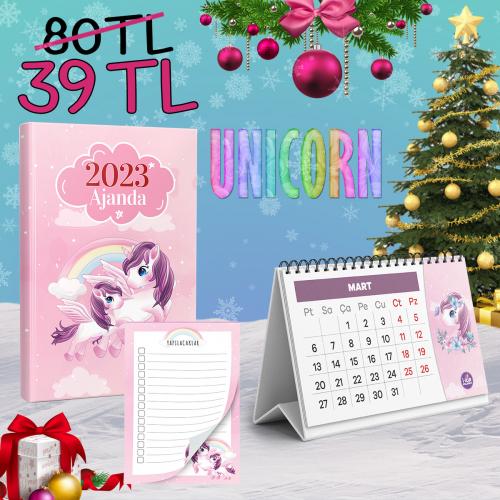 Unicorn Seti - 1 Ajanda 1 Takvim 1 Bloknot - Halkkitabevi