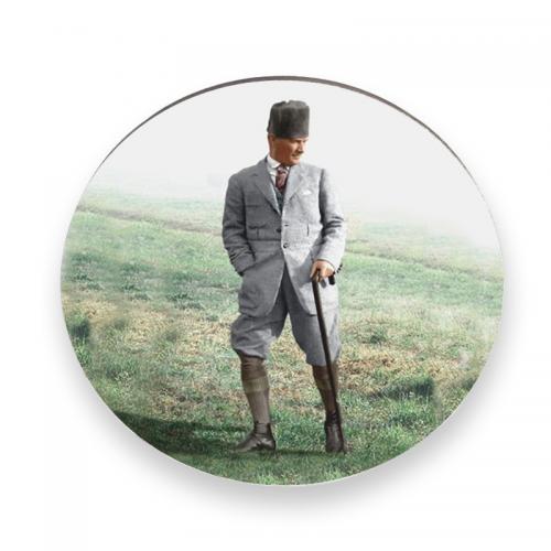 Yuvarlak Ahşap Magnet 58mm Renkli Atatürk Baskılı Model 2